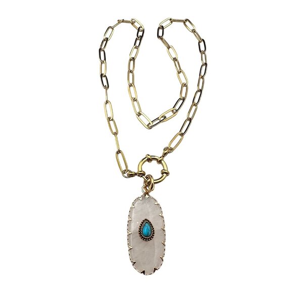 Rose Quartz Turquoise Gemstone Pendant Necklace 18K Gold Plated Chain 17 Inch - Picture 3 of 8